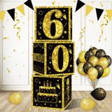 Eiurteao 3 adet 60. Doğum Günü Dekorasyon Kutuları Erkekler Kadınlar için, Siyah Altın Mutlu 60 Doğum Günü Balon Kutuları Parti Malzemeleri, 60 Yaşında Doğum Günü Temalı Karton Kutu Dekoru