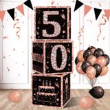 Eiurteao Kadınlar için 3 adet 50. Doğum Günü Dekorasyon Kutuları, Gül Altın Mutlu 50 Doğum Günü Balon Kutuları Parti Malzemeleri, Elli Doğum Günü Temalı Karton Kutu Dekoru