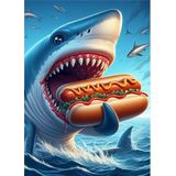 Ekart Hotdog Yiyen Köpek Balığı Hediyelik Ahşap Tablo 35 cm x 50 cm