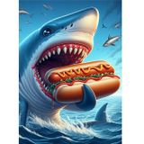 Ekart Hotdog Yiyen Köpek Balığı Hediyelik Ahşap Tablo 50 cm x 70 cm