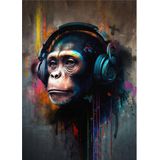 Ekart Kulaklıkla Müzik Dinleyen Maymun Hediyelik Ahşap Tablo 50 cm x 70 cm