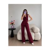 Ekim Store Bordo Bele Oturan Pileli Yelek Pantolon Blazer Takım