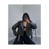Ekim Store Kemerli Oversize Crop Antrasit Deri Ceket