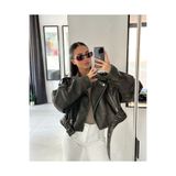 Ekim Store Kemerli Oversize Crop HAKİ Deri Ceket