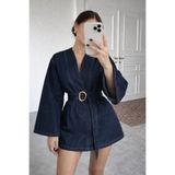 Ekim Store Lacivert Kimono Kemerli Oversize Kot Ceket