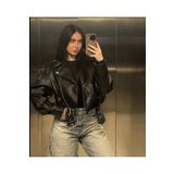 Ekim Store Oversize Siyah Kemerli Boyfriend Crop Deri Ceket
