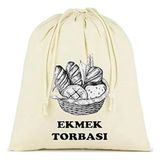Ekmek Torbası, Pamuk Bez Torba, 40x40 cm, Baskılı Ekmek Desenli, Krem Rengi