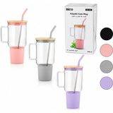 EkoAlışverişDünyam Cam 1000ML Matara - Suluk Bambu Kapak - Sızdırmaz Silikonlu Çelik Pipet Koruyucu Silikon Altlık - Kılıf (5510)