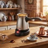 EkoAlışverişDünyam Çelik Elektrikli Cezve Türk Kahve Makinesi - 6FİNCAN=500ML 360° Kablosuz Kullanım Katlanır Kulp 600W SCM-9039 (5510)