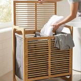 EkoAlışverişDünyam Kalın Ahşap Bambu 2 Bölmeli Kirli Çamaşır Sepeti Kumaş Çantalı SEPET=54X35X60CM (5510)
