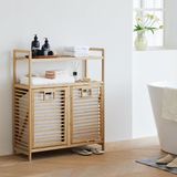 EkoAlışverişDünyam Kirli 2 Kat Organizer Raflı - 2 Bölmeli Önden Çek Aç Kalın Ahşap Bambu Kirli Çamaşır Sepeti 80X33X87CM (5510)