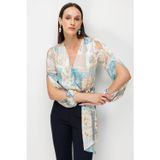 Ekol Kadın Beli Fularlı Desenli Crop Bluz 2094 Turkuaz