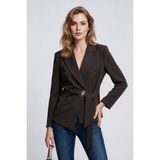 Ekol Kadın Çentikli Yaka Kuşak Detaylı Uzun Kollu Blazer Ceket - 40 - Kahve