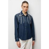 Ekol Kadın Taş İşlemeli Denim Görünümlü Gömlek 2910 Indigo