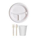 Ekolojik 26 Cm. 3 Bölmeli 24 Kişilik Parti Piknik Sofra Sunum Seti -tabak Bardak Çatal Kaşık Takımı Beyaz