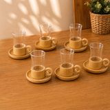 Ekoodukkan 12 Parça Çay Seti - Bambu Bardak Altığı - Çift Cidarlı Cam - 150 ml - Şeffaf