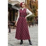 Ekose Desenli Kemerli Jile Elbise 2223-02 Bordo - 42 - 44