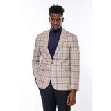 Ekose Desenli Slim Fit Kahverengi Mavi Erkek Ceket - Wessi