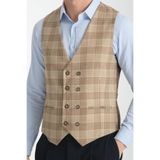 Ekose Desenli V Yaka Kruvaze Yelek Slim Fit Bej 52