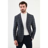 Ekoseli Lacivert Slim Fit Mono Yaka Klasik Erkek Ceket - 48