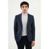 Ekoseli Lacivert Slim Fit Mono Yaka Klasik Yün Erkek Ceket - 52
