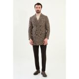 Ekoseli Slim Fit Geniş Yaka Kruvaze Yün Erkek Kaban - Bej - 56