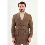 Ekoseli Slim Fit Geniş Yaka Kruvaze Yün Erkek Kaban - Kahverengi - 50