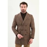 Ekoseli Slim Fit Geniş Yaka Kruvaze Yün Erkek Kaban - Kamel - 56