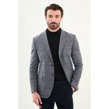 Ekoseli Slim Fit Mono Yaka Yün Erkek Ceket - Gri - 48