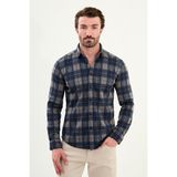 Ekoseli Slim Fit Uzun Kollu Oduncu Yün Erkek Gömlek - Lacivert - Bej