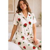 Ekru Çilek Desenli Kısa Kollu Gömlek Yaka Milan Kumaş Kadın Pijama Takımı