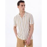 Ekru Erkek Apaş Yaka Basic Çizgili Keten Karışımlı Gömlek F5SM-GML 2100 - XL