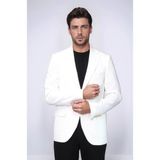 Ekru Kedinden Desenli Örme Altın Renk Metal Düğmeli Slim Fit Erkek Blazer Ceket - Wessi - 6 Drop - 48 - Blue