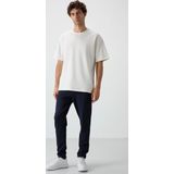 Ekru - Lacivert Pamuklu Kalın Yumuşak Dokulu Oversize Fit Basic Erkek Eşofman Takım - 85251