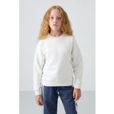 Ekru Pamuklu İçi Tüylü Yumuşak Dokulu Oversize Nakışlı Kız Çocuk Sweatshirt - 75150