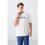 Ekru Pamuklu Kalın Yumuşak Dokulu Oversize Fit Baskılı Erkek T-Shirt - 88329