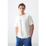Ekru Pamuklu Kalın Yumuşak Dokulu Oversize Fit Baskılı Erkek T-Shirt - 88373