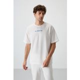 Ekru Pamuklu Kalın Yüzeyi Dokulu Oversize Fit Baskılı Erkek T-Shirt - 88364