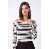Ekru Siyah Çizgili Madonnan Yaka Ribana Crop Bluz