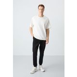 Ekru Siyah Pamuklu Kalın Yumuşak Dokulu Oversize Fit Basic Erkek Eşofman Takım - 85261