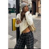 Ekru V Yaka Örgü Desen Oversize Kadın Kazak MG2519