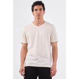Ekru V Yaka Pamuklu Düz Renk Slim Fit Erkek T-shirt
