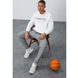 Ekru Yazı Nakışlı O Yaka Rahat Form İçi Polarlı Erkek Sweatshirt - 88020