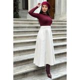 Ekru Yüksek Bel, Cepli, Kiloş Kesim, Kırçıllı Kaşe Uzun Etek - 42