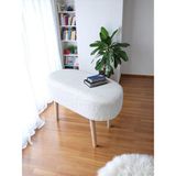 Eksen Teddy Kumaş Oval Puf - Geniş Puf - Masif Ahşap Ayaklı, Çok Amaçlı Oturma & Dekoratif Yan Sehpa - Beyaz