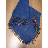 El Emeği Kristal Damla Boncuklu Yazma ,tülbent Yemeni, Fular ,4 Kenar Oyalı - Açık İndigo - 100 x 100 cm