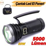 El Feneri 5000 Lümen Uzun Menzil 50W Li-Ion 4 x 3200 Mah Şarjlı Powerbank Ledli Su Geçirmez Kamp - 1 - Siyah