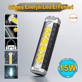 El Feneri Güneş Enerjli Ledli 15W Şarjlı Mıknatıslı Askılı Kamp Taktik El Feneri Su Geçirmez - Siyah