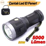 El Feneri Uzun Menzil 5000 Lümen 50W Li-İon 8000 Mah Şarjlı Powerbank Ledli Parlak Su Geçirmez Kamp