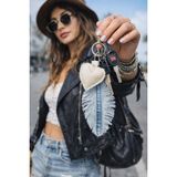 El Işçiliği Kalp Yaprak Detaylı Denim Çanta Charm - Ekru - Indigo